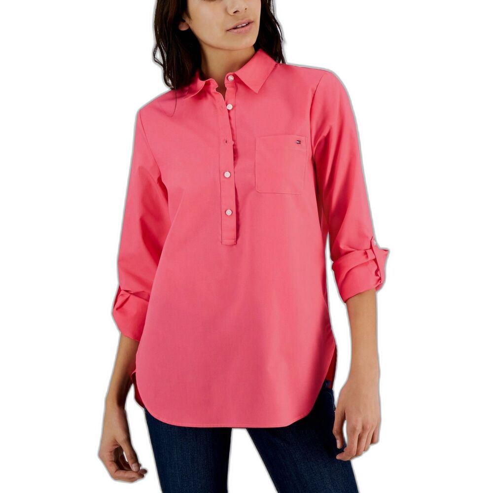 Tommy Hilfiger Women Pink Long Sleeve Button-Down Shirt Medium 100% Cotton